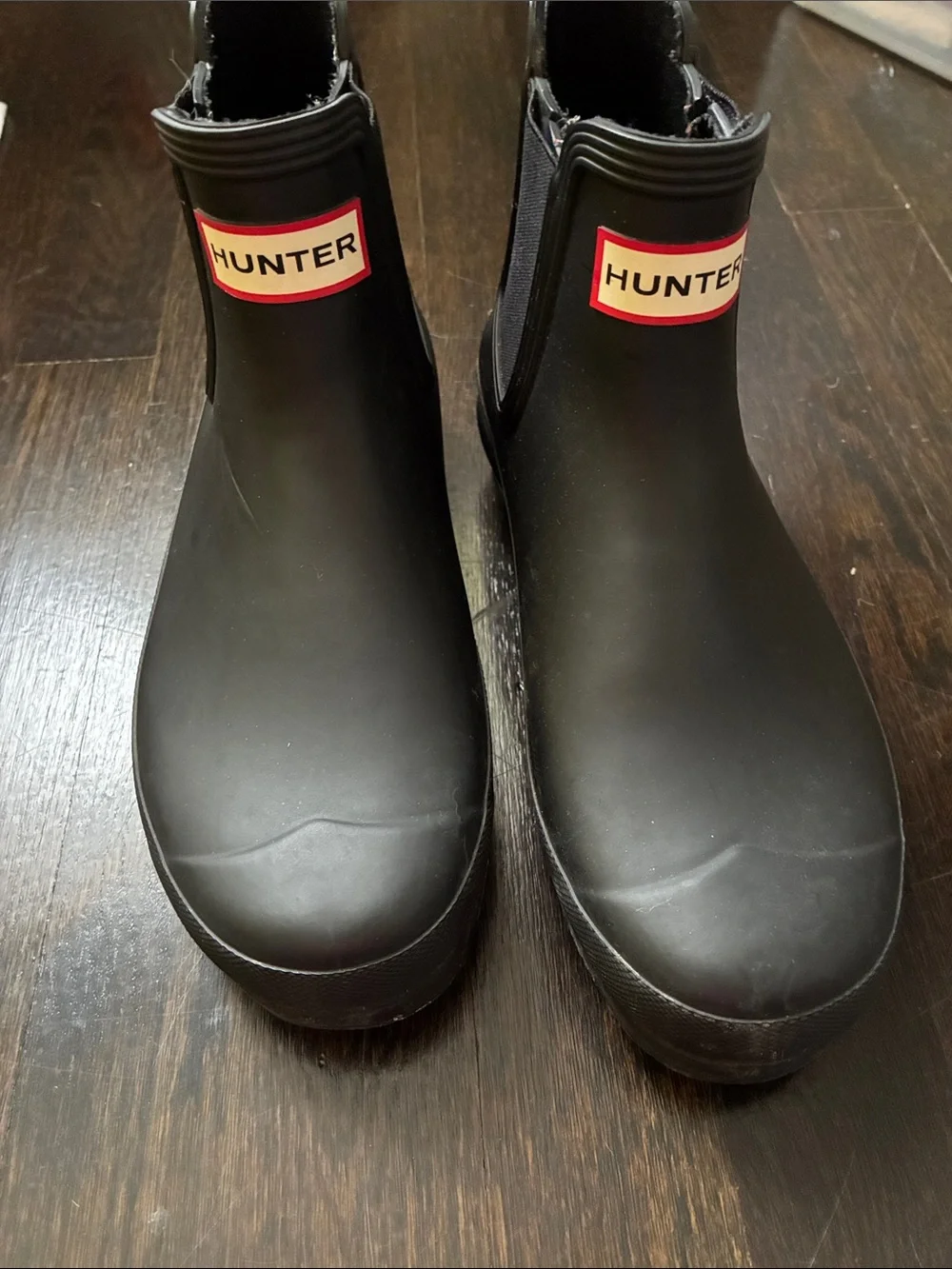 Hunter Black Chelsea Rain Boots with Red Logo